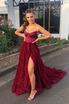 Elegant Strapless Burgundy Long Prom Dress with Side Slit