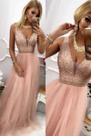 Gorgeous V Neck A-Line Beaded Blush Pink Long Prom Dress