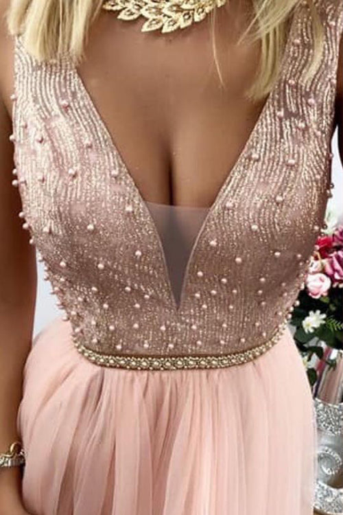Gorgeous V Neck A-Line Beaded Blush Pink Long Prom Dress