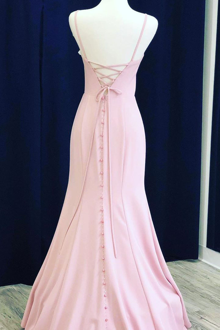 Elegant Lace-up Back V Neck Mermaid Pink Long Prom Dress