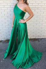 Elegant A-Line One Shoulder Green Long Prom Dress