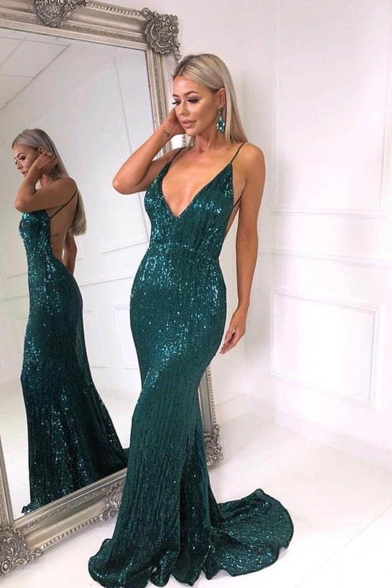 Sparkly V Neck Backless Mermaid Teal Sequin Long Prom Dress