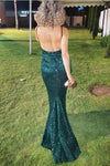 Sparkly V Neck Backless Mermaid Teal Sequin Long Prom Dress