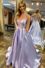 Elegant Straps A-Line Lavender Long Prom Dress with Pockets