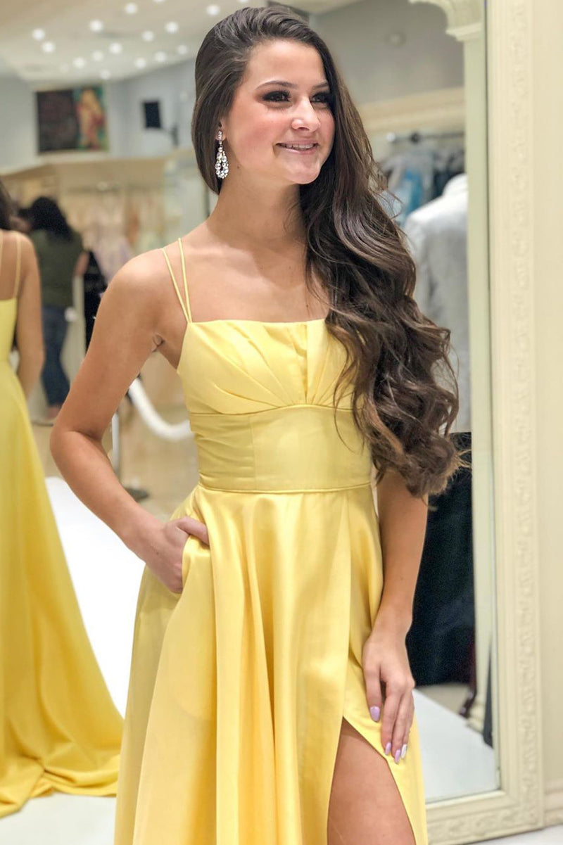 Elegant Spaghetti Strap A-Line Yellow Prom Dress with Slit