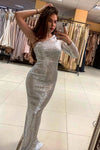 Sparkly Mermaid One Shoulder Silver Long Prom Dress with Slit