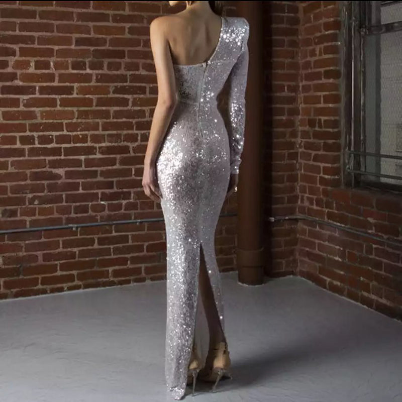 Sparkly Mermaid One Shoulder Silver Long Prom Dress with Slit