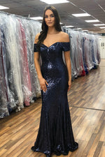 Sparkly Off Shoulder Mermaid Navy Blue Long Prom Dress