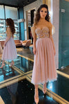 Elegant Off Shoulder Pink Tea Length Prom Dress with Appliques