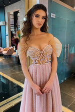 Elegant Off Shoulder Pink Tea Length Prom Dress with Appliques