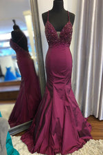 Gorgeous V Neck Mermaid Beaded Dark Purple Long Prom Dress