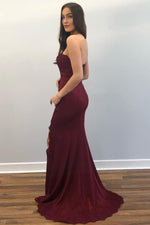 Elegant Strapless Burgundy Long Prom Dress with Slit