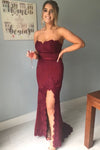 Elegant Strapless Lace Appliques Mermaid Burgundy Long Prom Dress