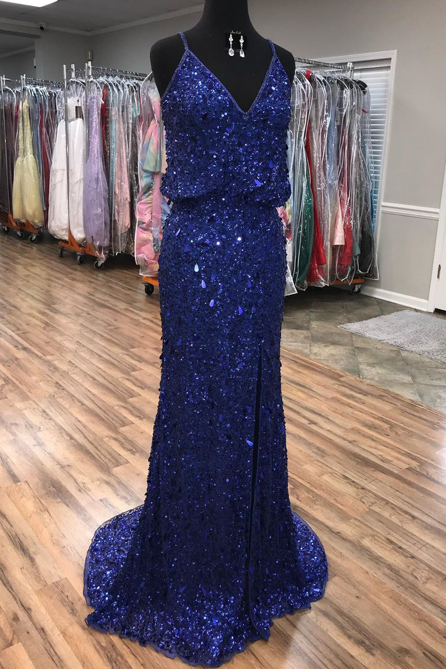 Sparkly V Neck Straps Navy Blue Sequin Long Prom Dress FancyVestido Sparkly V Neck Straps Navy Blue Sequin Long Prom Dress FancyVestido