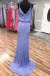 Sparkly V Neck Straps Navy Blue Sequin Long Prom Dress