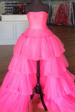 Elegant Strapless Layered Hot Pink Long Prom Dress with Slit