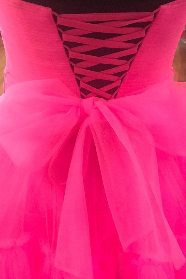 Elegant Strapless Layered Hot Pink Long Prom Dress with Slit