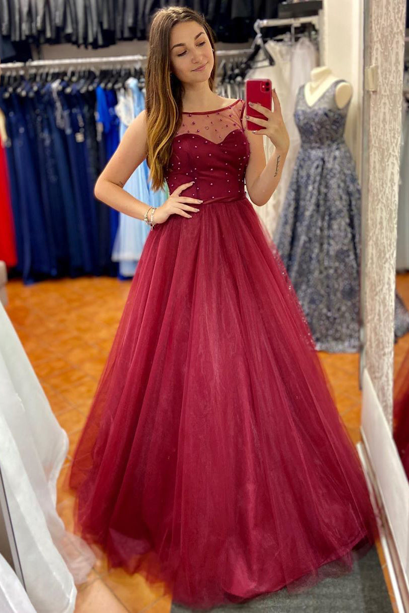 Elegant A-Line Red Beaded Long Prom Dress – FancyVestido