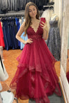 Elegant V Neck A-Line Cascading Ruffles Red Long Prom Dress