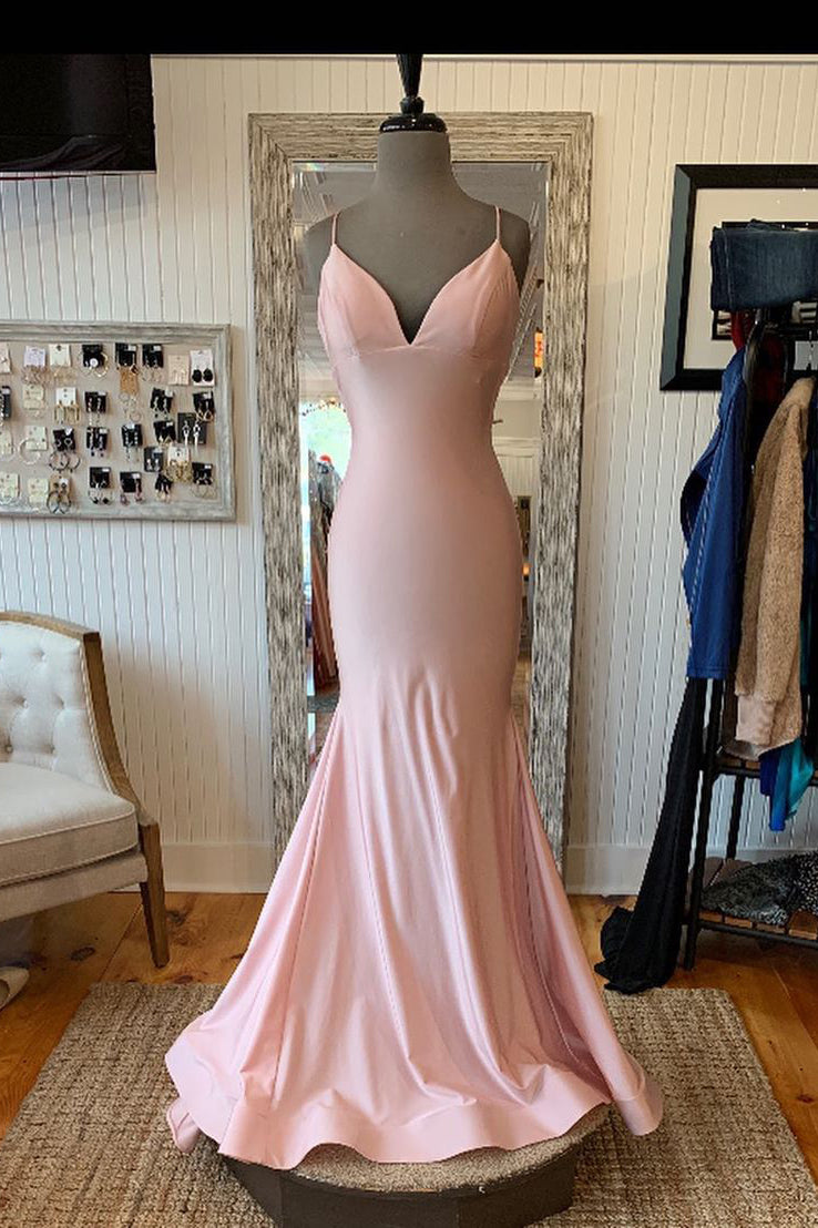 Elegant Mermaid V Neck Lace-Up Back Pink Long Prom Dress