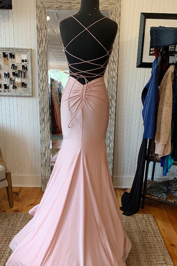 Elegant Mermaid V Neck Lace-Up Back Pink Long Prom Dress