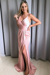 Elegant V Neck Straps Pink Long Prom Dress with Slit