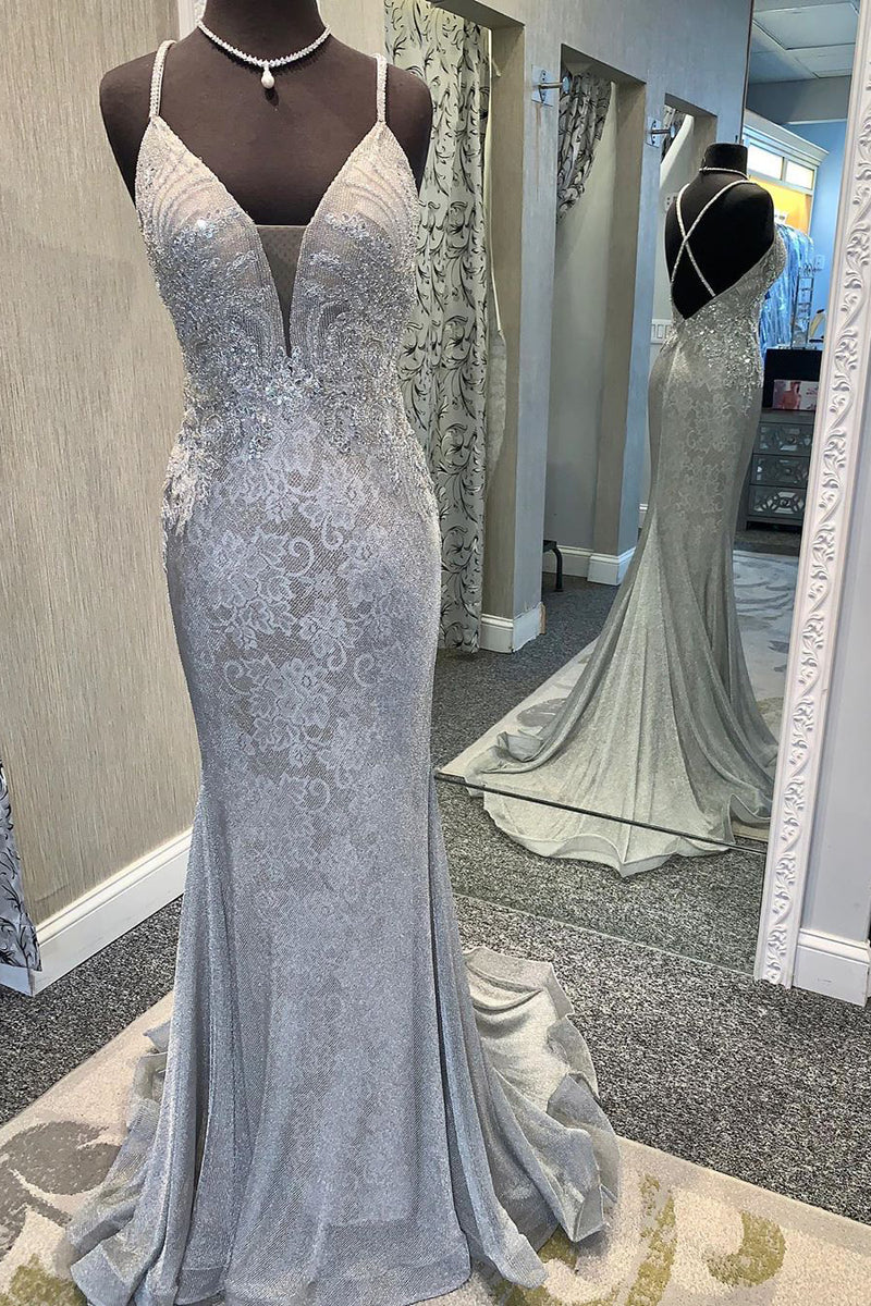 Elegant V Neck Lace Appliques Mermaid Silver Prom Dress