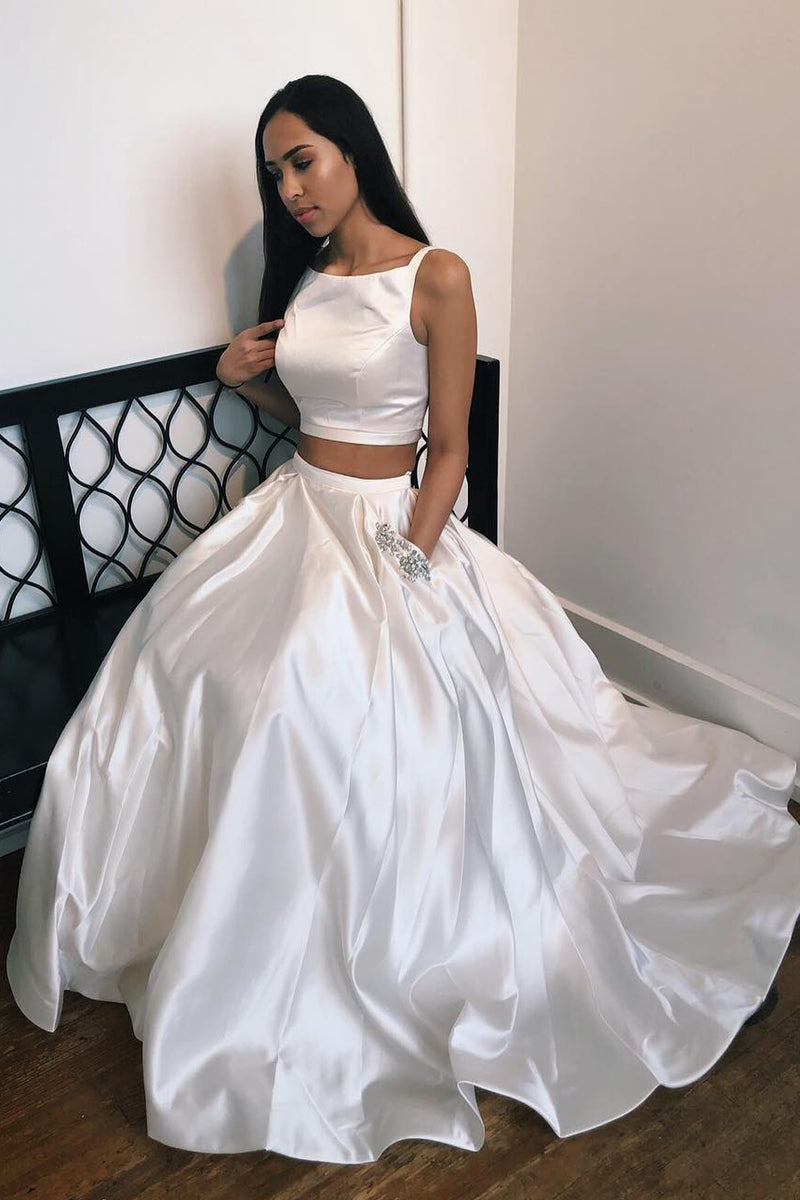 Elegant Two Piece White Long Prom Dress with Beaded Pockets