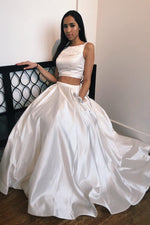 Elegant Two Piece White Long Prom Dress with Beaded Pockets