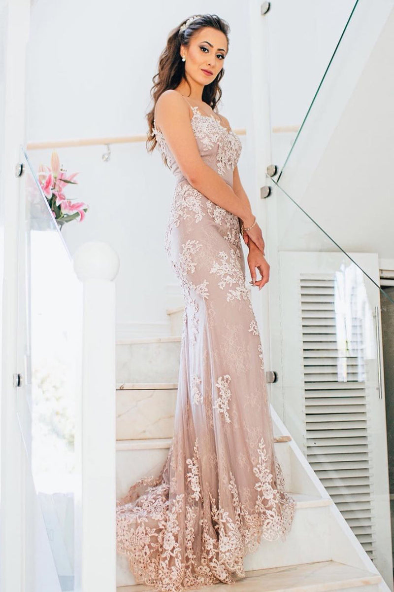 Elegant Straps Mermaid Pink Long Prom Dress with Appliques