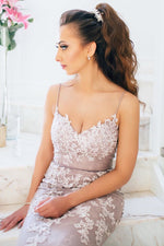 Elegant Straps Mermaid Pink Long Prom Dress with Appliques