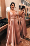 Elegant V Neck A-Line Beaded Pink Prom Dress