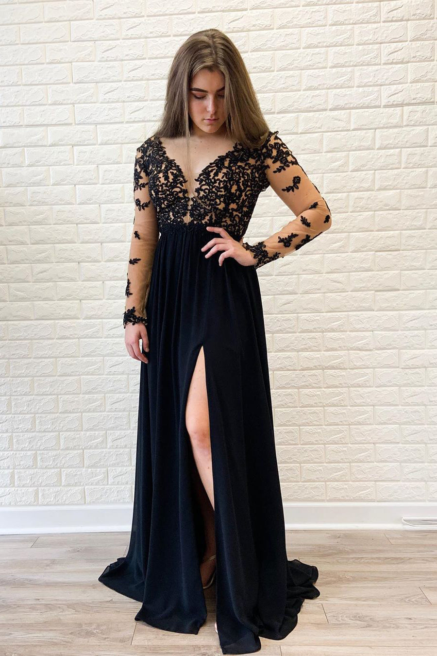 A-Line Long Sleeves Appliques Navy Blue Prom Dress with Slit FancyVestido A-Line Long Sleeves Appliques Navy Blue Prom Dress with Slit FancyVestido