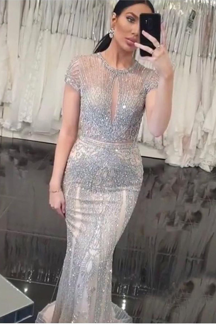 Gorgeous Cap Sleeves Mermaid Silver Long Prom Dress