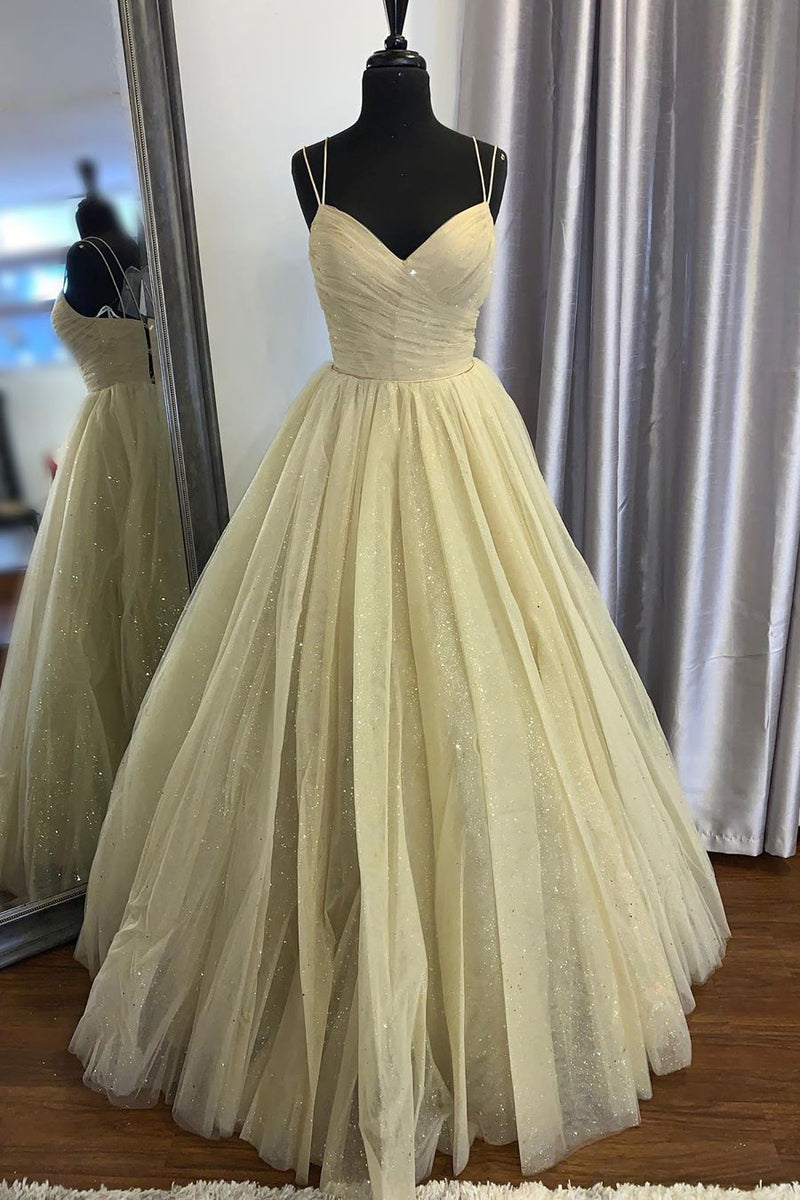 Elegant Spaghetti Straps A-Line Yellow Long Prom Dress