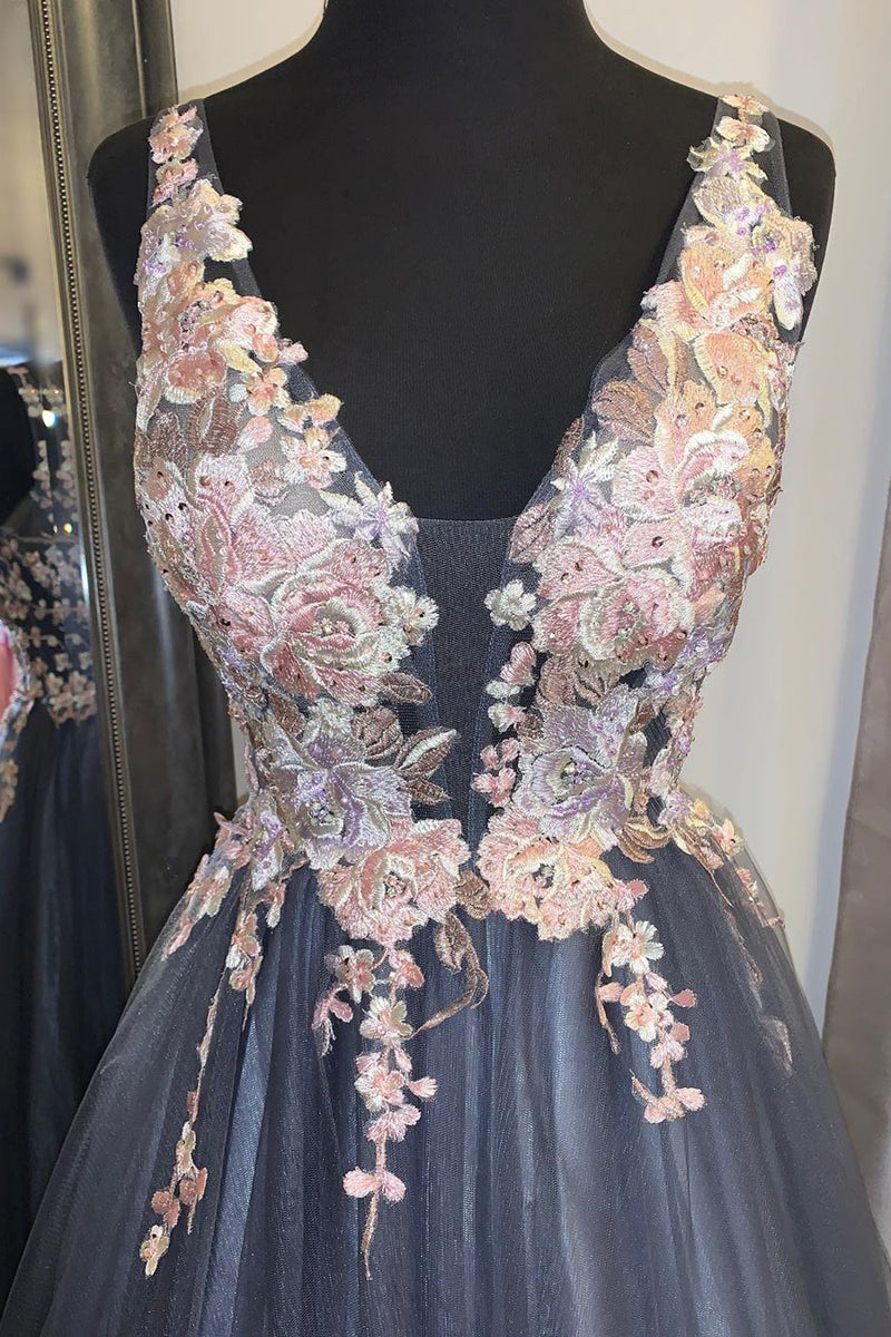 Elegant A-Line Lace Appliques Smoke Blue Long Prom Dress