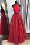 Elegant Two Piece Halter Red Long Prom Dress with Lace-Up Back