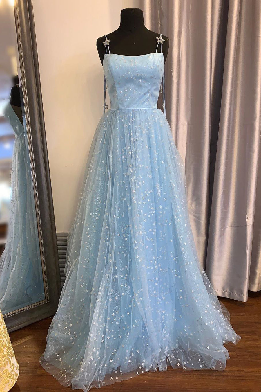 green emerald velvet dress Zapaka Women Light Blue Sparkly Beaded Mermaid Long Prom Dress Spaghetti Straps Tulle Formal Dress, Blue / US6 main image 0