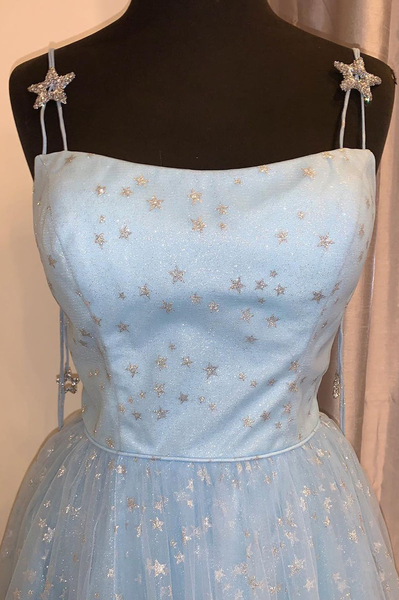 Elegant Spahetti Straps A-Line Light Sky Blue Dress with Appliques
