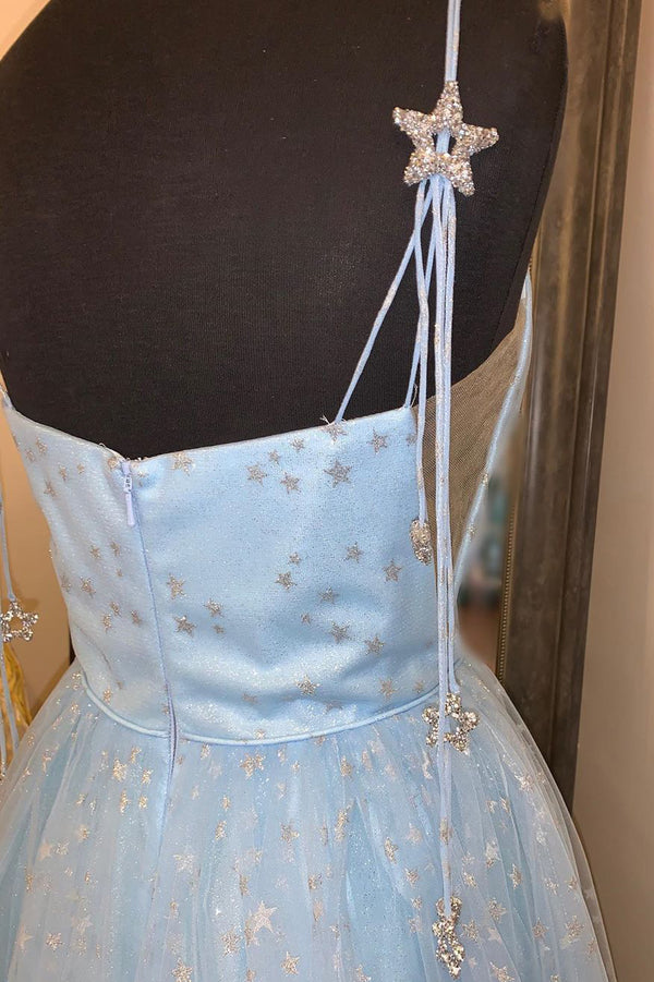 Elegant Spahetti Straps A-Line Light Sky Blue Dress with Appliques