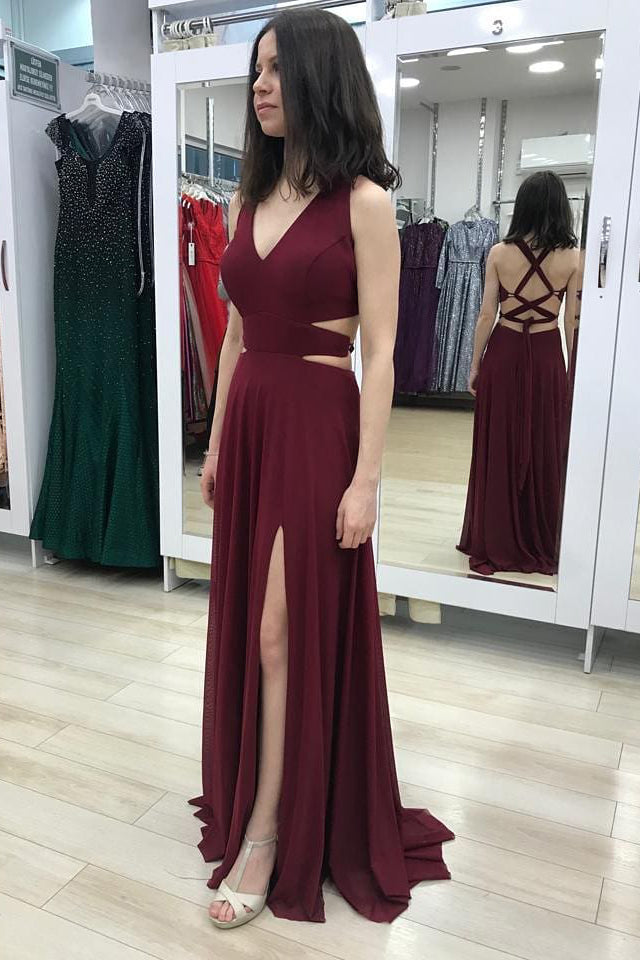 Elegant Sheath V Neck Burgundy Long Prom Dress with Slit