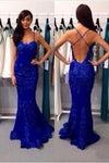 Elegant Straps Mermaid Black Lace Long Prom Dress with Open Back
