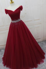 Elegant Off the Shoulder A-Line Sequins Burgundy Long Prom Dress