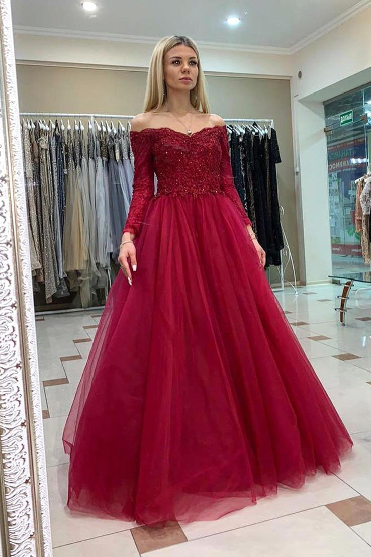 Long Sleeves Appliqued Burgundy Long Prom Dress