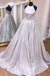 Elegant Halter Sequin Silver Long Prom Dress