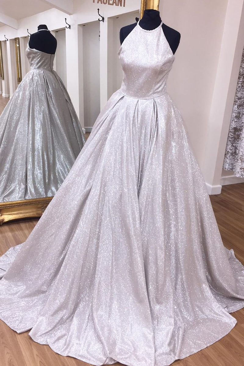 Elegant Halter Sequin Silver Long Prom Dress