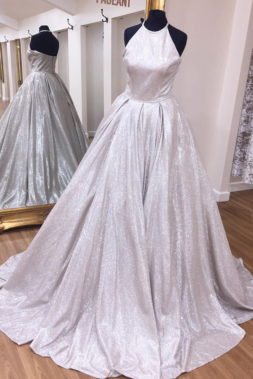 silver halter neck prom dress Elegant Halter Sequin Silver Long Prom Dress – FancyVestido