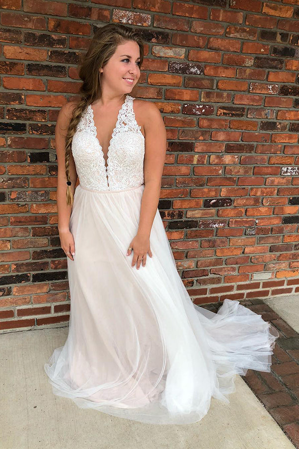 Long A-line Halter Ivory Bridal Dress with Lace FancyVestido Long A-line Halter Ivory Bridal Dress with Lace FancyVestido