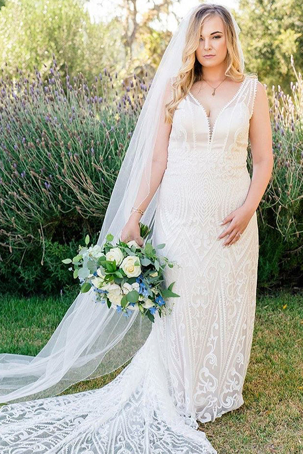 mermaid wedding dress with long train and veil Long Mermaid V-Neck Ivory Wedding Dress with Train – FancyVestido