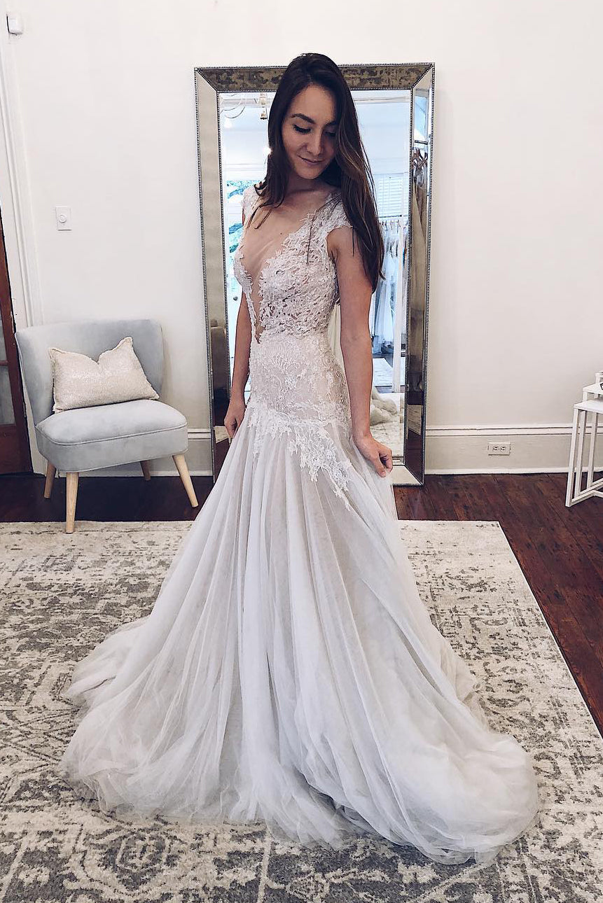 navy blue dress for baby girl Heavy Beading A Line Wedding Dress with Illusion Sweetheart Light Champagne / 10 main image 1
